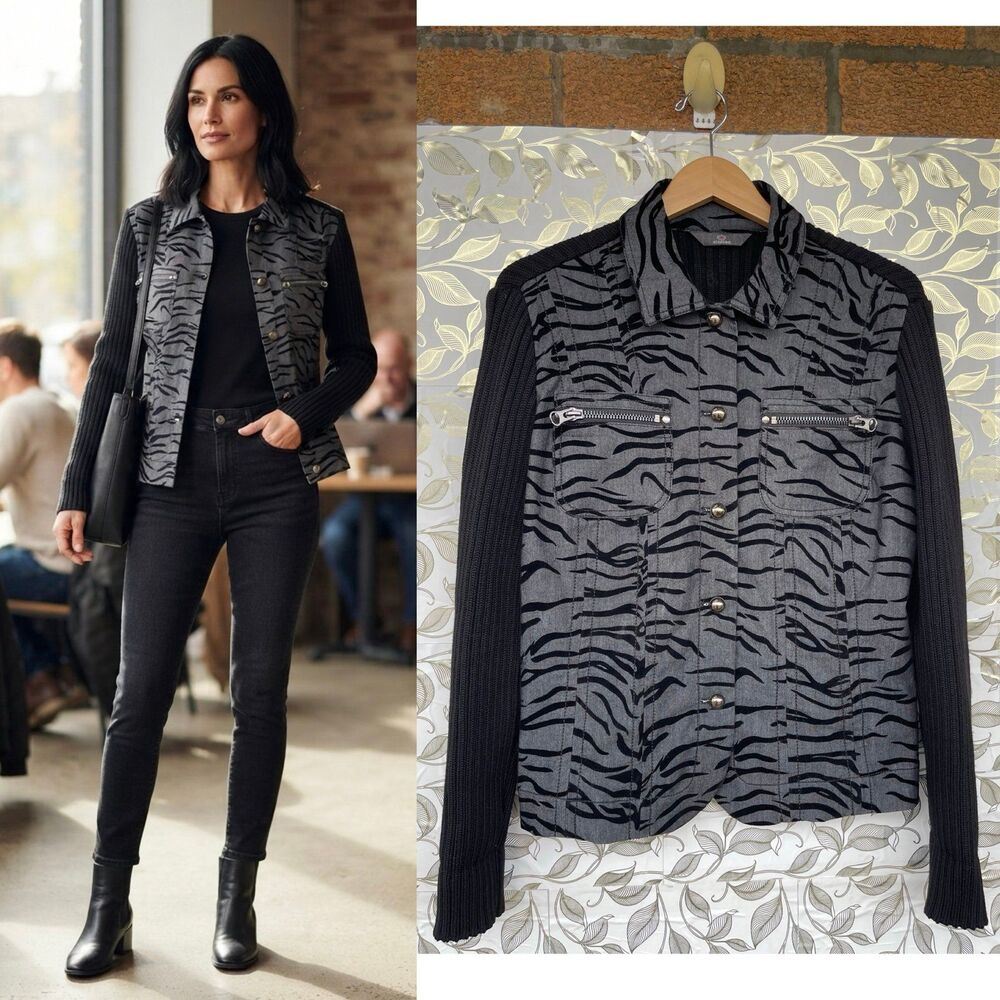 Dismero Hybrid Knit Sleeve Zebra Print Button Up Jacket Size 10 Whimsigoth